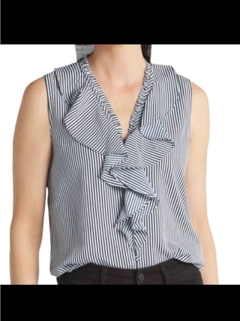 Karl Lagerfeld Black & White Vertical Stripe Ruffle Shell Blouse - Picture 7 of 7